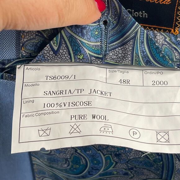 Tiglio Luxe 100% Wool Blue Sangria Jacket Blazer 48R Viscose Paisley Lining - Picture 13 of 13